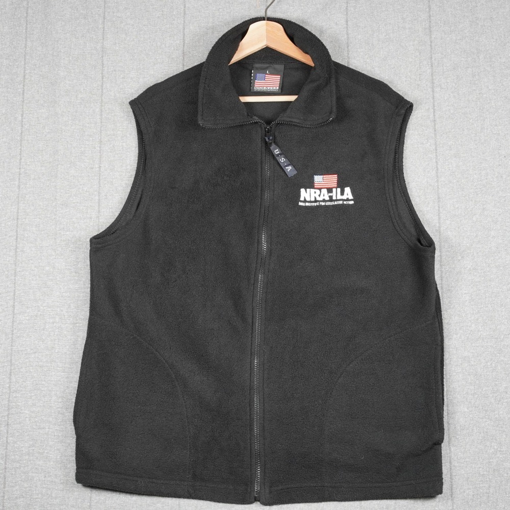 NRA-ILA Mens Large Fleece Vest Black Full Zip Made in USA Side Pockets